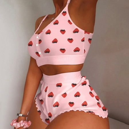 

MRULIC pants for women Women Sexy Printing Pajamas Sleeveless Cami Shorts Lingerie Sleepwear Set Women s Shorts Suit Pink + XXL