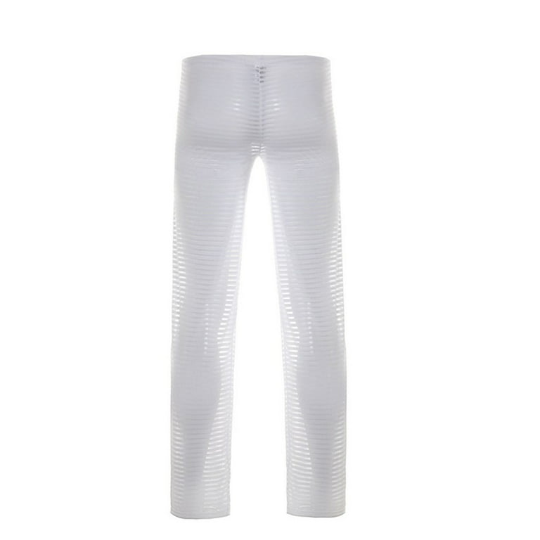 ALSLIAO Men See-Through Breathable Stripe Soft Pajamas Sleep Pants Trousers  Homewear White XL 