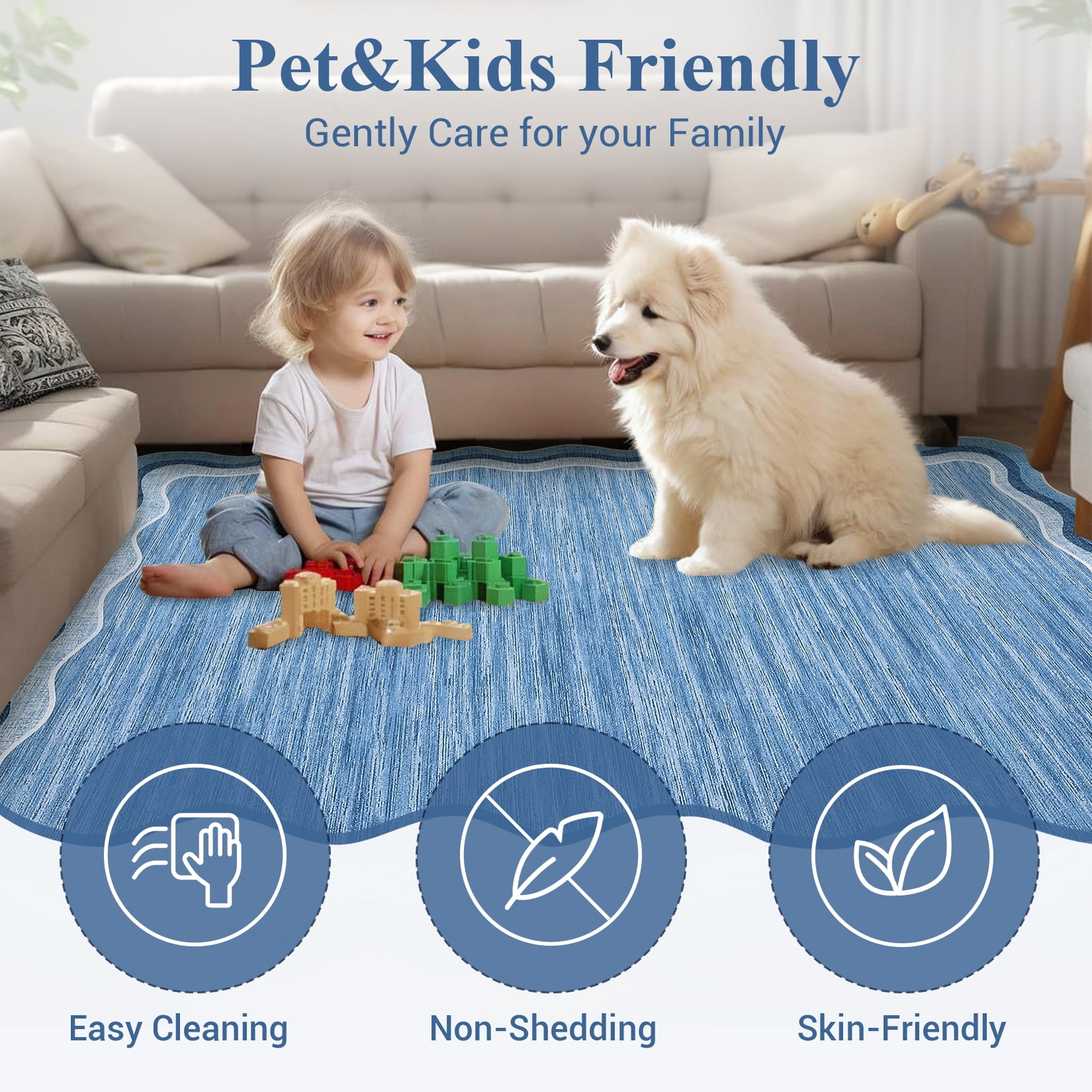 Hasoo Blue Wavy Border Area Rug for Living Room Indoor Bedroom Soft Textured 5' x 7' Carpet with Non-Slip Backing