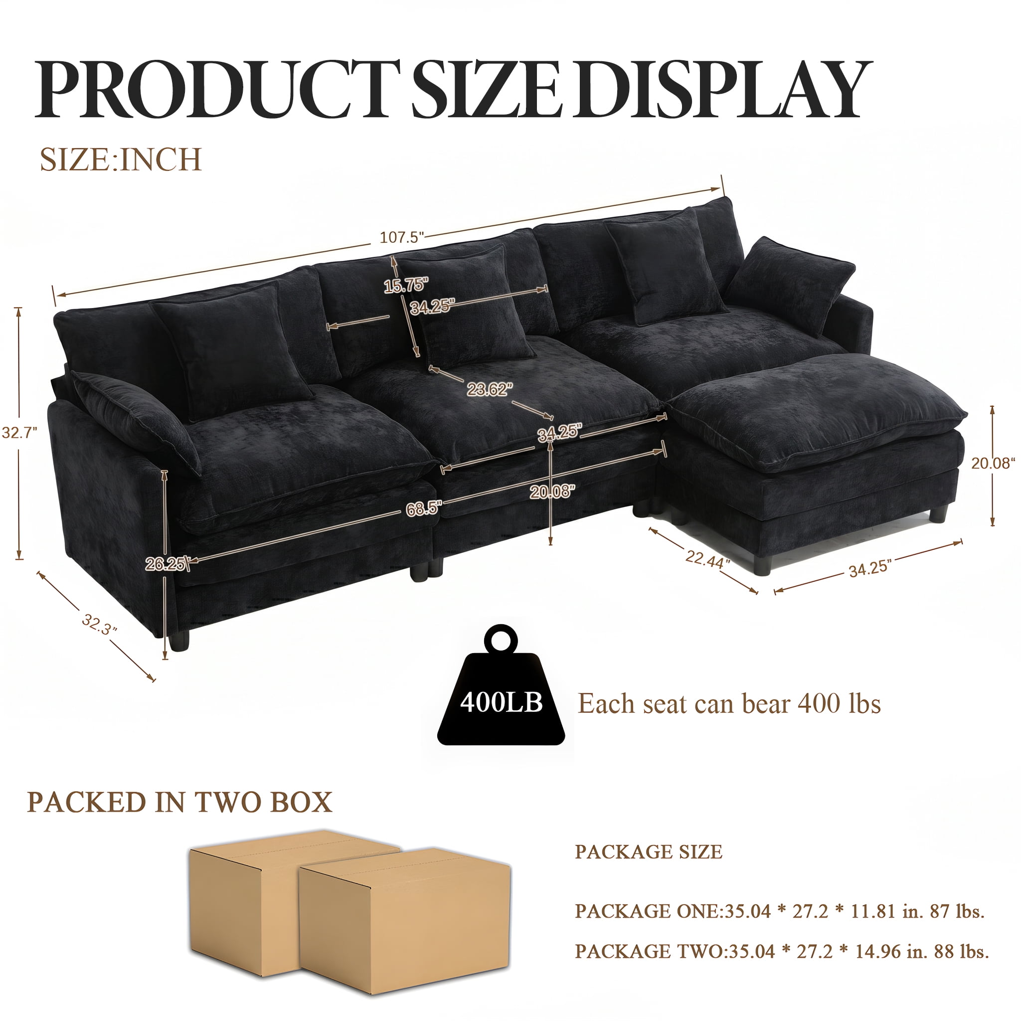 AISWORD 120" L Shaped Modular Sectional Sofa, Cloud Couch with Movable Ottoman, 4 Seat Chenille Deep Seat Sofa with Throw Pillows for Living Room, Black