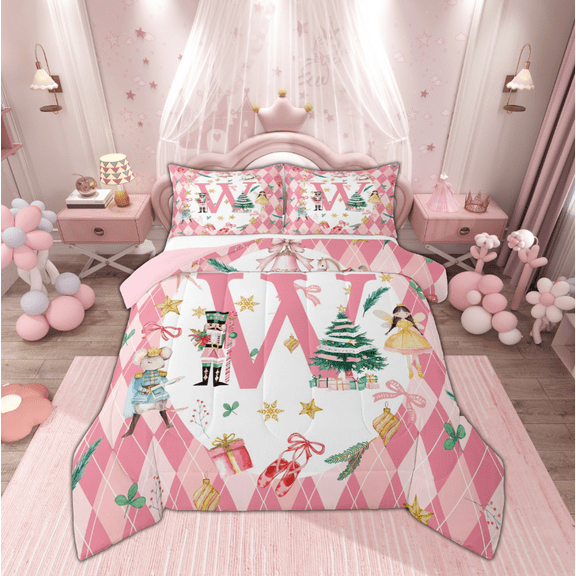 Manfei Teens Xmas Tree Fairy Bedding Comforter Set, Cartoon Monogrammed W Twin Comforter Sets, Pink Christmas Plaid Reversible Bedding Set, Luxury Bedroom Decor, 2 Pieces
