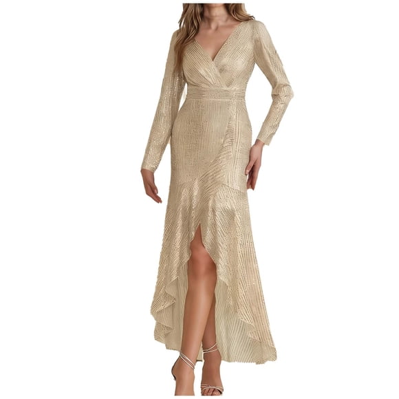 Women's Long Sequin Formal Dresses, Long Sleeve Wrap V Neck Cocktail Wedding Guest Ruffle Maxi Dress Elegant Party Gowns Beige M