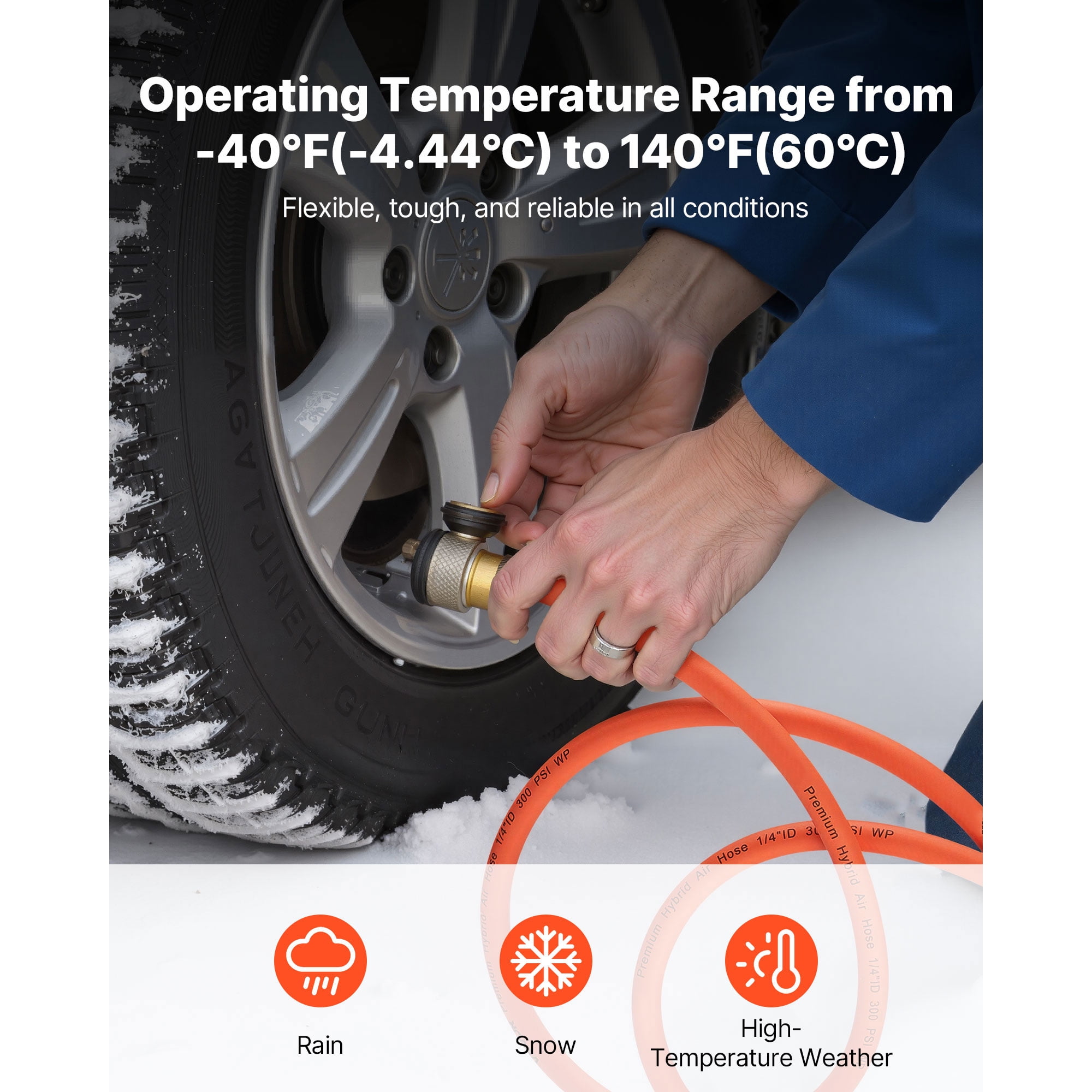 KFFKFF 1/4" x 250ft Hybrid Air Hose, Durable and Flexible Pneumatic Hose, Lightweight and Kink-Resistant Design for Automotive, Home, and Construction Use, 300 PSI, All-Weather Performance, Orange