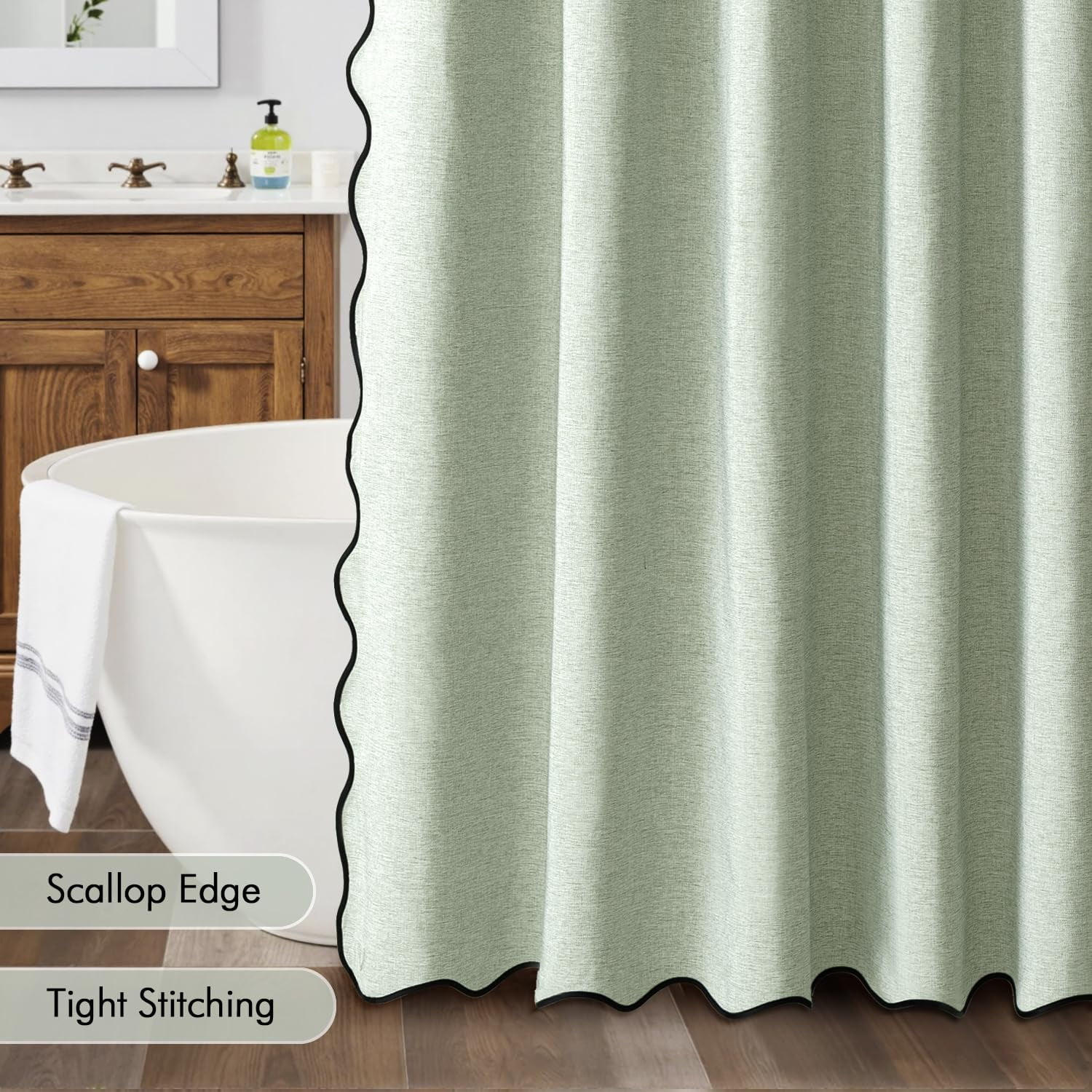qtess A84" Long Scalloped Shower Curtain Linen Textured with 12 Metal Hooks Cute Extra Long Heavy Duty Washable Waterproof Cloth Shower Curtains with Black Border for Bathroom Hotel Bathtub,Khaki