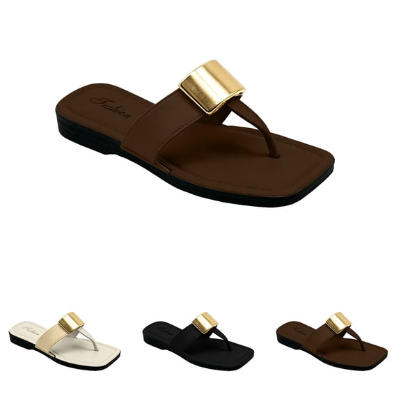 Miluxas Womens Summer Square Toe Flip Flops Flat Sandals Slip On Shoes Slide Sandals with Fashion Gold Decoration Dressy White C