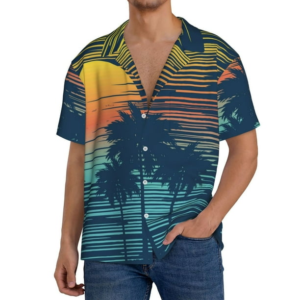 Fotbe Palm Trees Camisa Estampada de Manga Corta para Hombre, Casual de Verano, Estilo Playero, Sin Arrugas-Small
