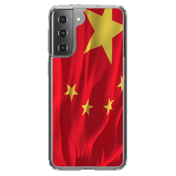 DistinctInk Clear Shockproof Hybrid Case for Galaxy S21 5G (6.2" Screen) - TPU Bumper, Acrylic Back, Tempered Glass Screen Protector - China Waving Flag Chinese