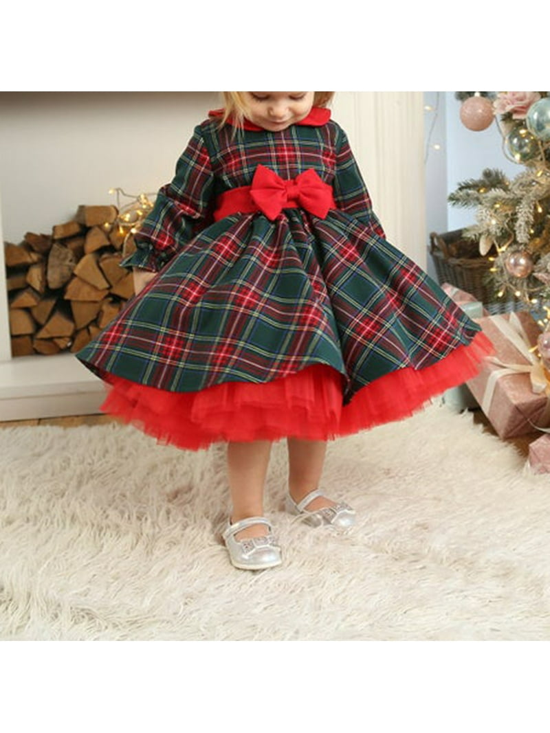 Holiday Dress Buffalo Check Dress Baby Little Toddler Baby Girl Christmas Dress  Buffalo Plaid Bow Tulle
