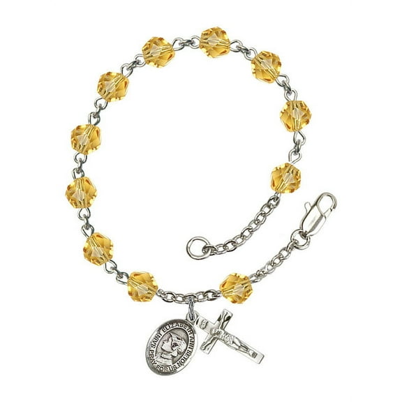 St. Elizabeth Ann Seton Silver Plate Rosary Bracelet 6mm November Yellow Fire Polished Beads Crucifix Size 5/8 x 1/4 medal
