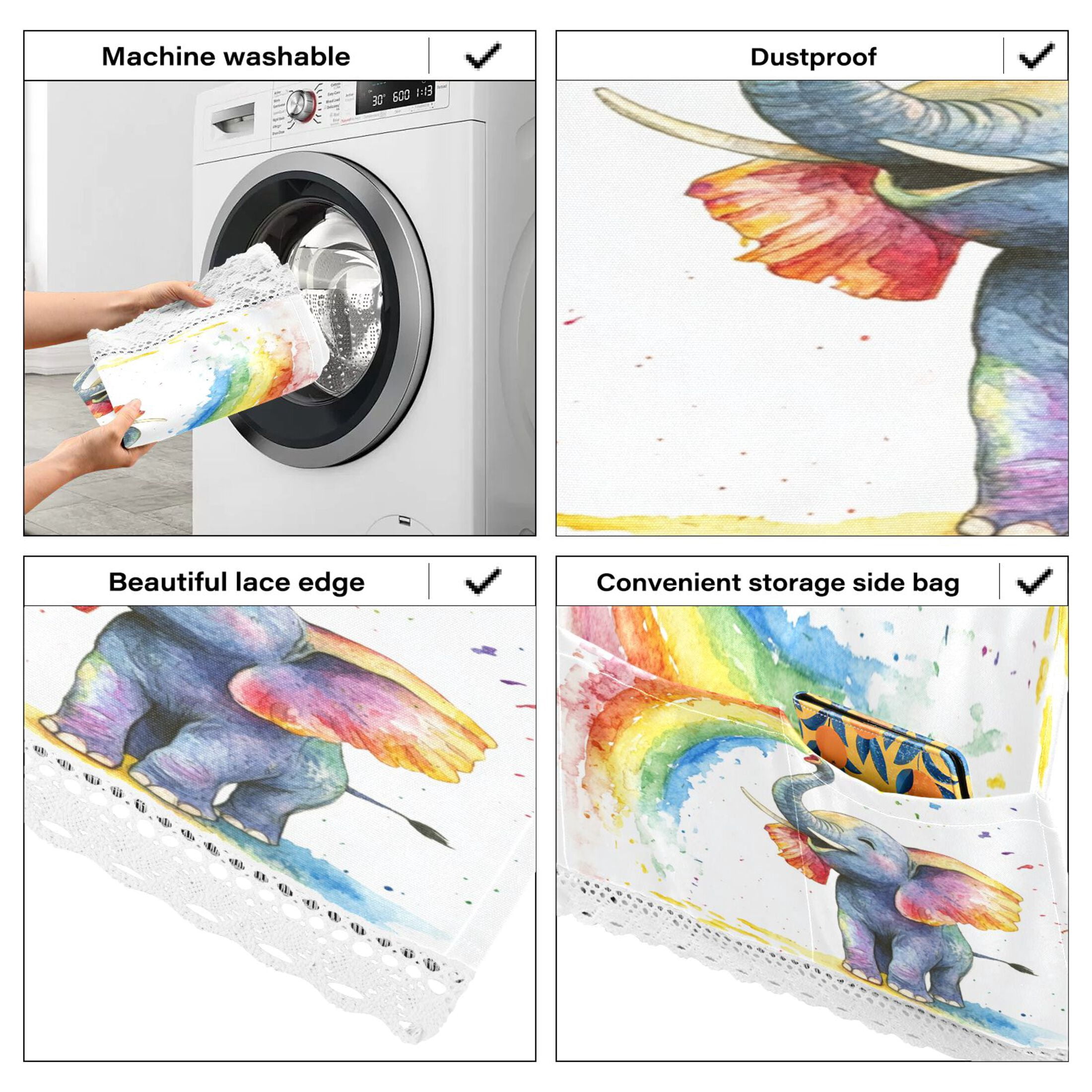 Washing Machine Cover 51.2x22in, Durable Polyester Dust Cover with Lace Trim and Side Pocket for Appliances Elephant Color Spraying