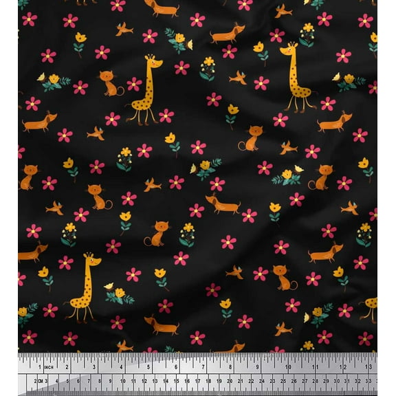 Soimoi Black Crepe Silk Fabric Floral,Cat & Giraffe Cartoon Print Fabric by The Yard 42 Inch Wide