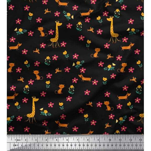 Soimoi Black Crepe Silk Fabric Floral,Cat & Giraffe Cartoon Print Fabric by The Yard 42 Inch Wide