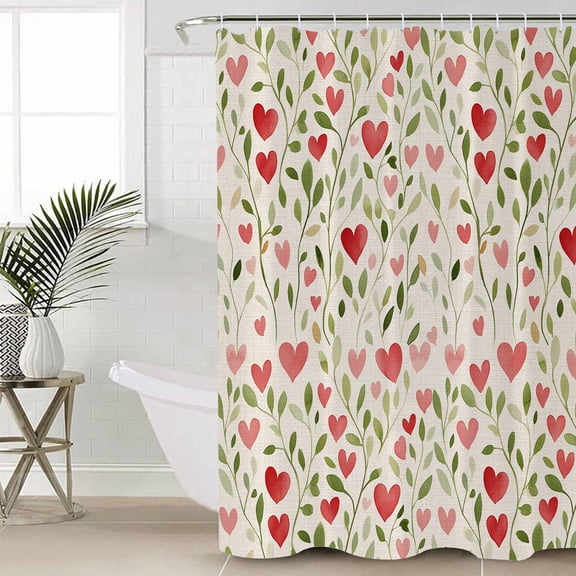 Love Heart Valentines Shower Curtain Set, Waterproof Shower Curtains for Bathroom, Rustic Botanical Spring Washable Fabric Cloth Bath Curtain for Bathtub Decoration with Hooks 54x78 Inches