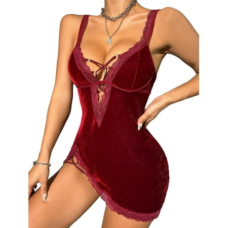 

2pcs Set Sexy Nightgowns Sleeveless Maroon Women s Sleepshirts (Women s)