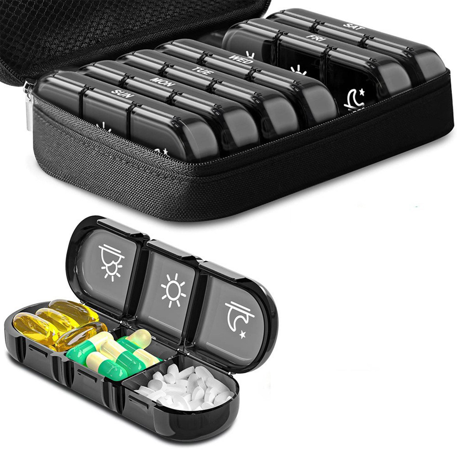 Geemin 7 Day for Pill Box with Zipper Cloth Bag Weekly for Pill Organizer Large Daily Medicine Organizer Box for Pills Vitamin