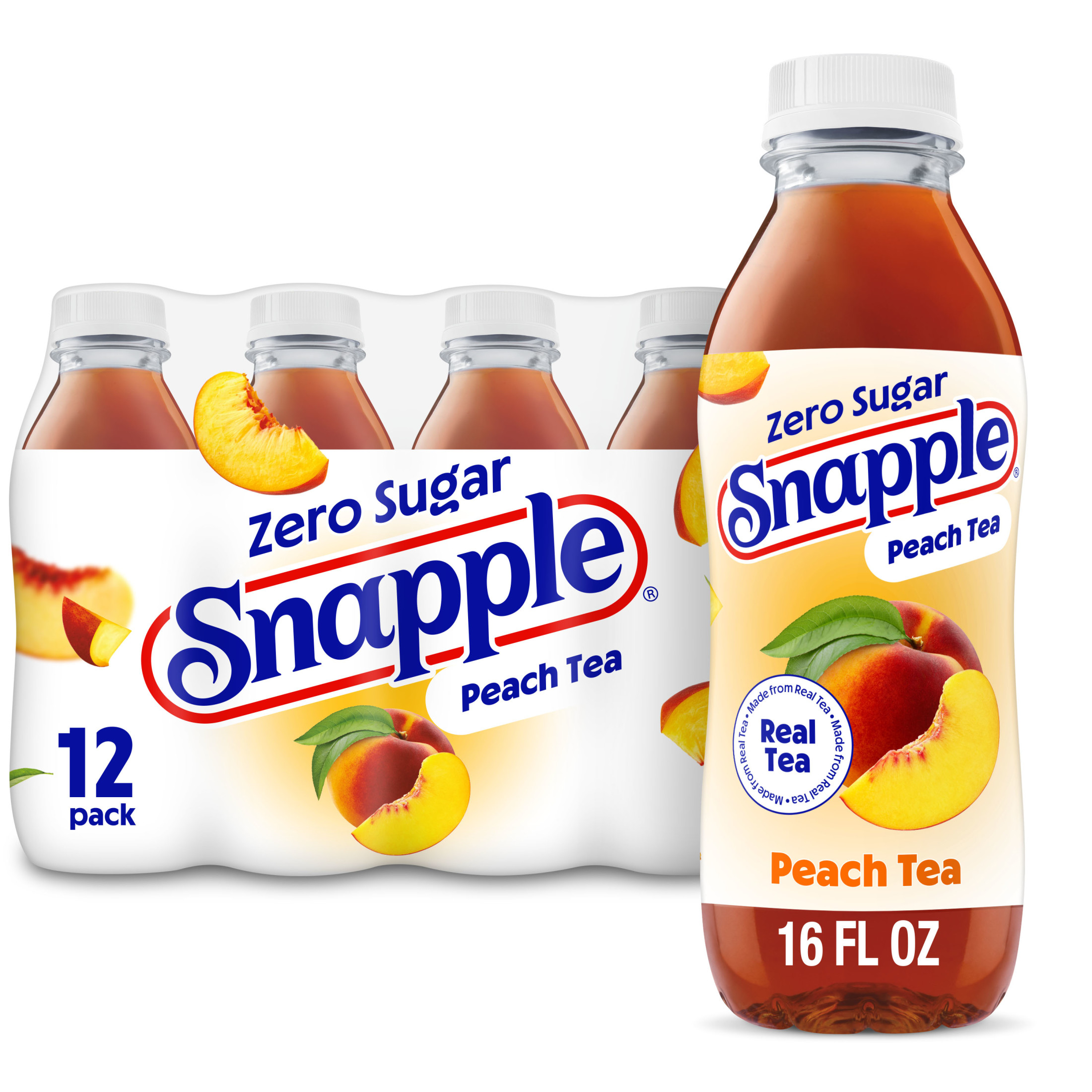 Snapple Zero Sugar Peach Tea, 16 fl oz recycled plastic bottle, 12 pack