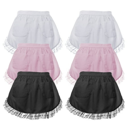 Plaid Half Apron - Aspire 6 Pcs Waist Apron For Lady Lace Cotton Kitchen Half Apron With Two Pockets Maid Costume