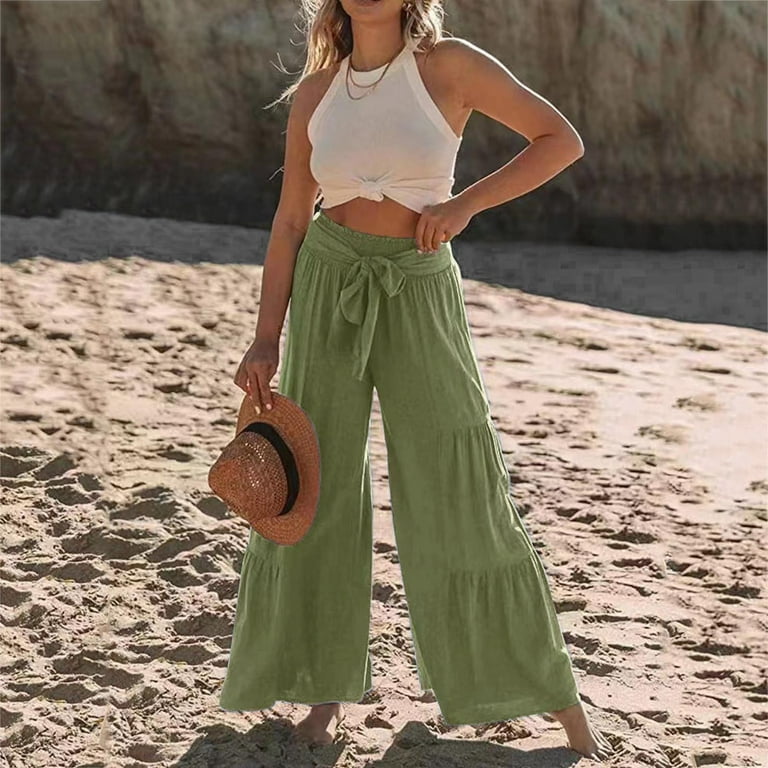 Ladies Lightweight Pants Summer High Waist Cotton Flare Beach Pant Bell  Bottom Fashion Elastic Waisted Stretch Casual Business Long Regular  Trousers