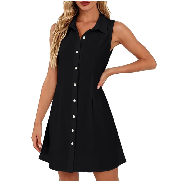 Women's Shirt Dress Collared Slimming Mini Dress Button Front Linen Dress  Office Casual Summer Outfits Black M - Walmart.com