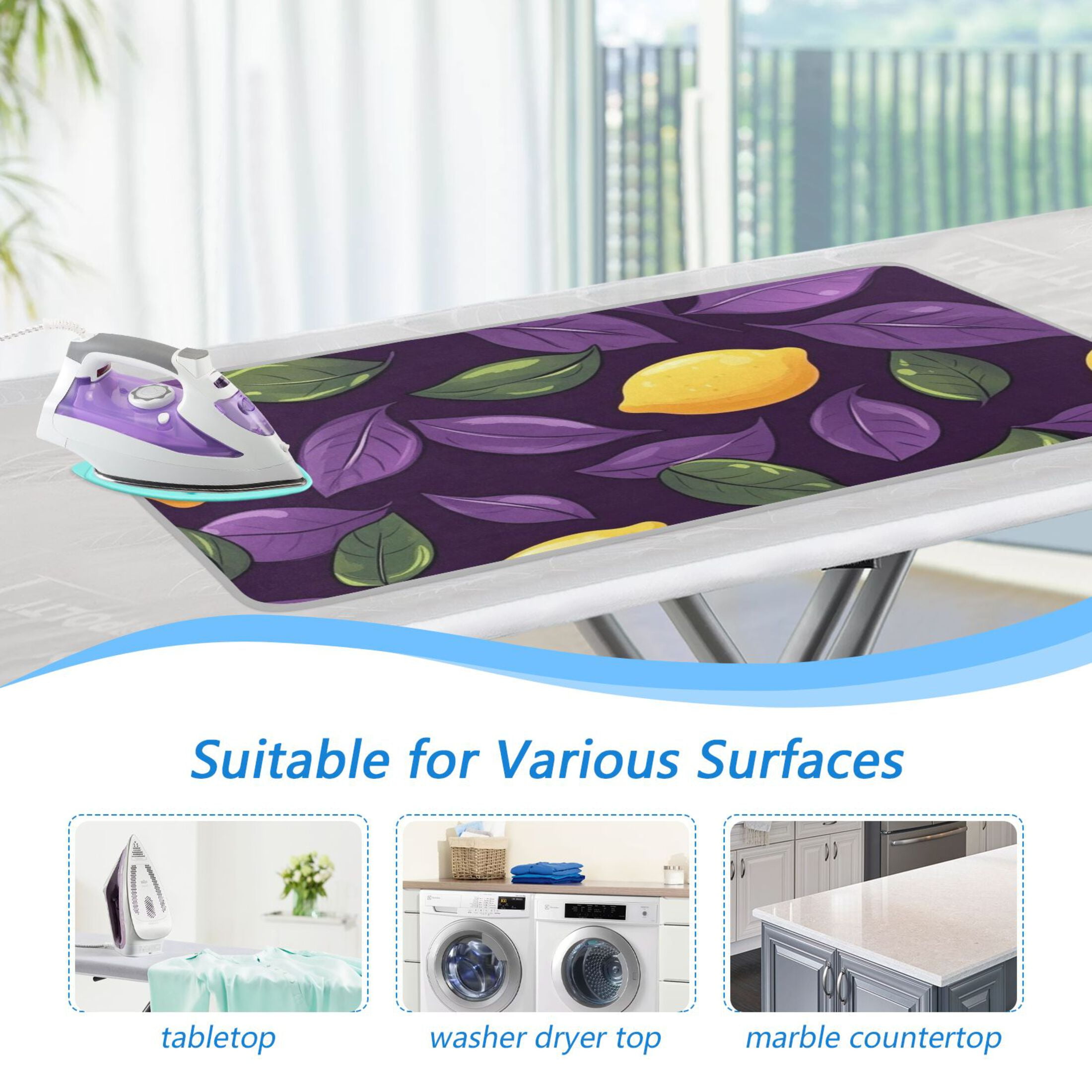 Lemons and Leaves on Dark Ironing Mat Blanket for Table Top Travel Portable Ironing Board Pad 47.2x27.6 Inch
