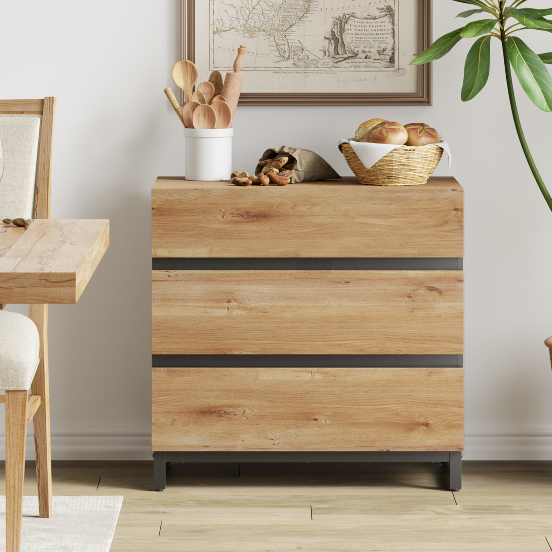 Multifunctional Sideboard Buffet Cabinets, Modern Sideboard With Adjustable Shelf And 3 Drawers, Coffee Bar Cabinet Storage Cabinet For Living Room, Kitchen,Oak