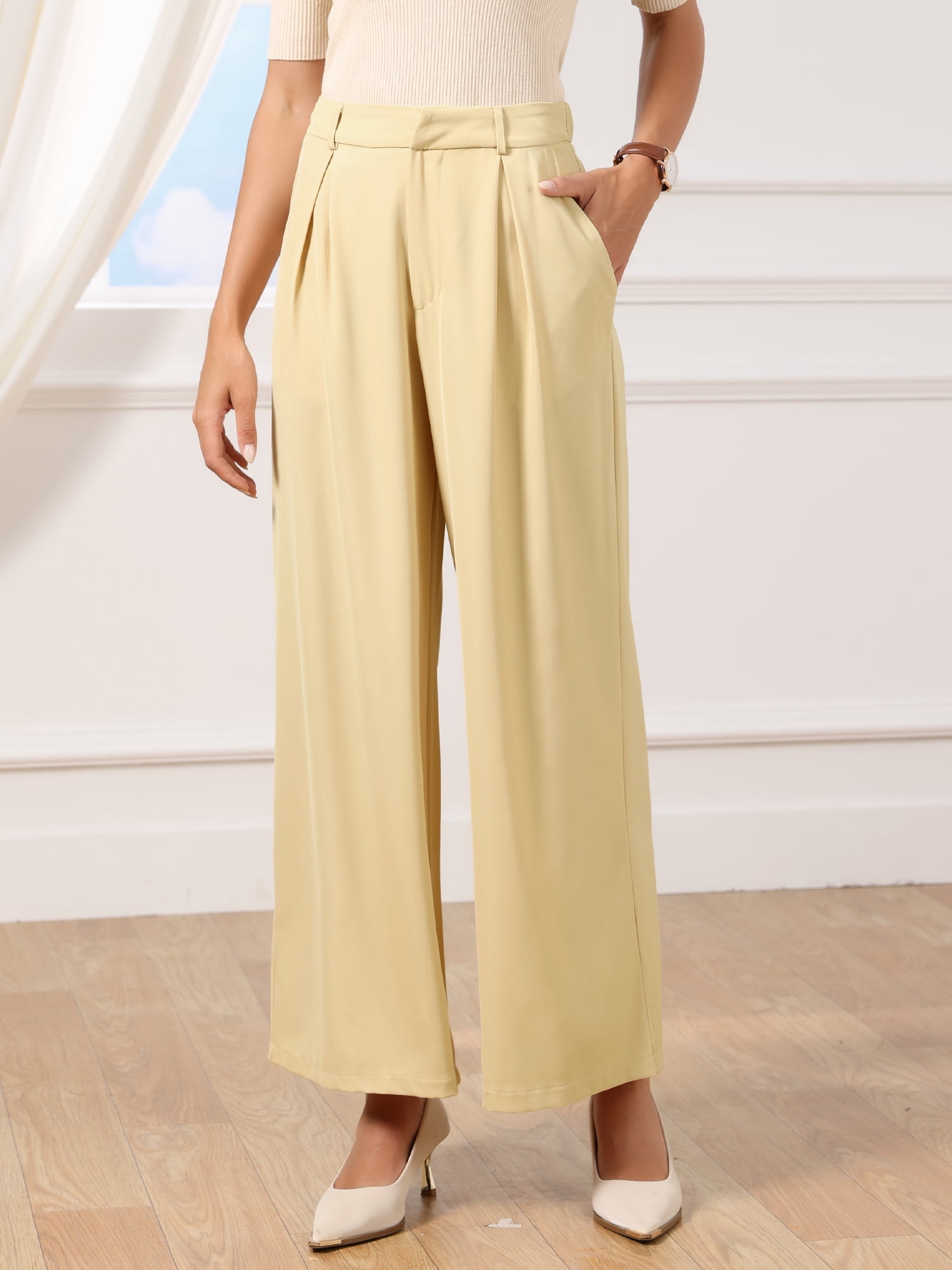 DARING DIVA Women's High Waisted Office Work Palazzo Pants with Pockets Small Khaki