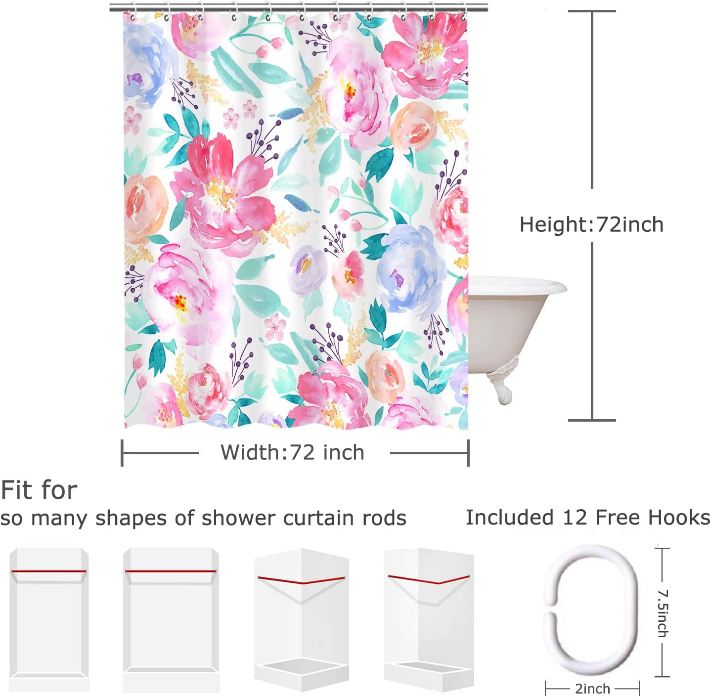 Pink Floral Shower Curtains for Bathroom Flower Shower Curtain Watercolor Girls Shower Curtain Set with Hooks Pretty Colorful Flowered Bathroom Decor, 72" W x 72" H