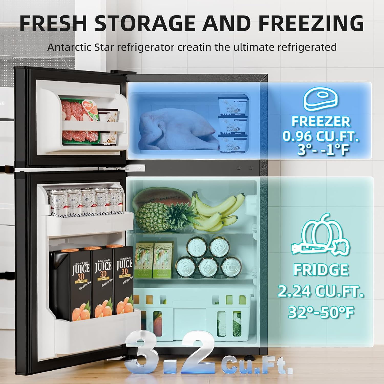FREE VILLAGE 3.2 Cu.Ft Mini Fridge with Freezer,Compact Mini Refrigerator with Double 2 Door,Adjustable Temperature,Full Size for Home,Kitchen,Dorm,Apartment,Retro Black