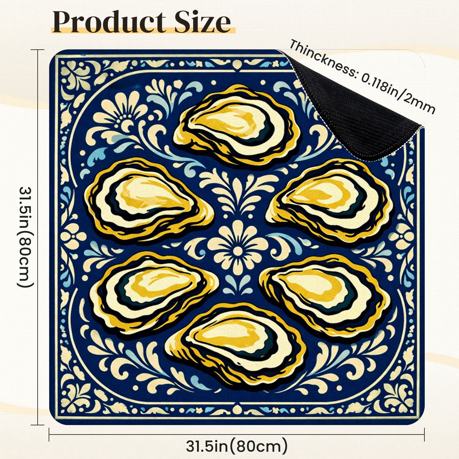 Mahjong Mat 31.5" x 31.5" Oysters Ornate Blue Floral Mediterranean Non-Slip Noise Reduction Mahjong Tiles Table Cover for Dominoes Poker Card Board and Tile Games