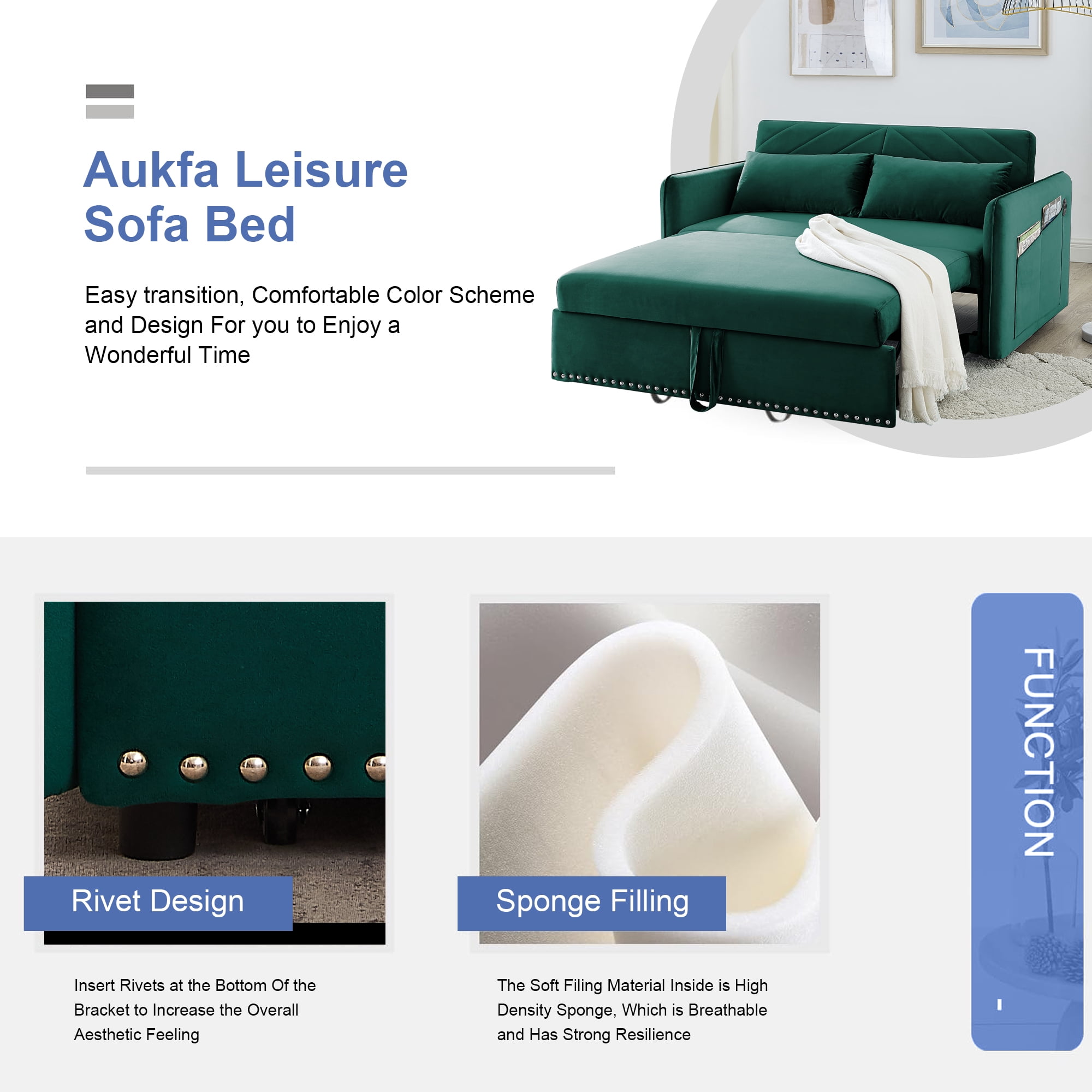 Aukfa 3 in 1 Convertible Sofa Bed, 55" Velvet Loveseat Sleeper with 2 Pillows & USB Port, Green