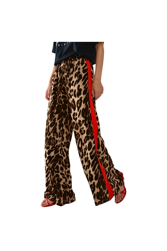 Brown Women's Casual Pants, Women's Leopard Print And Red Drawstring Wide Leg Pant, Brown Women's Casual Pants, Polyester Women's Pants Women's Casual Pants