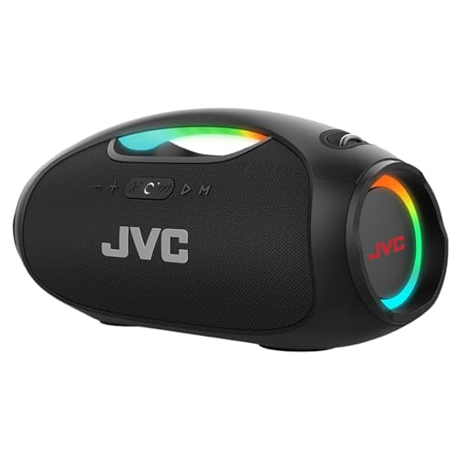 JVC Altavoz Bluetooth inalámbrico portátil - 120 W con graves profundos de doble woofer, iluminación RGB, Boombox interior/exterior, Bluetooth 5.3, resistente al agua IPX6, USB-C, tiempo de reproducci