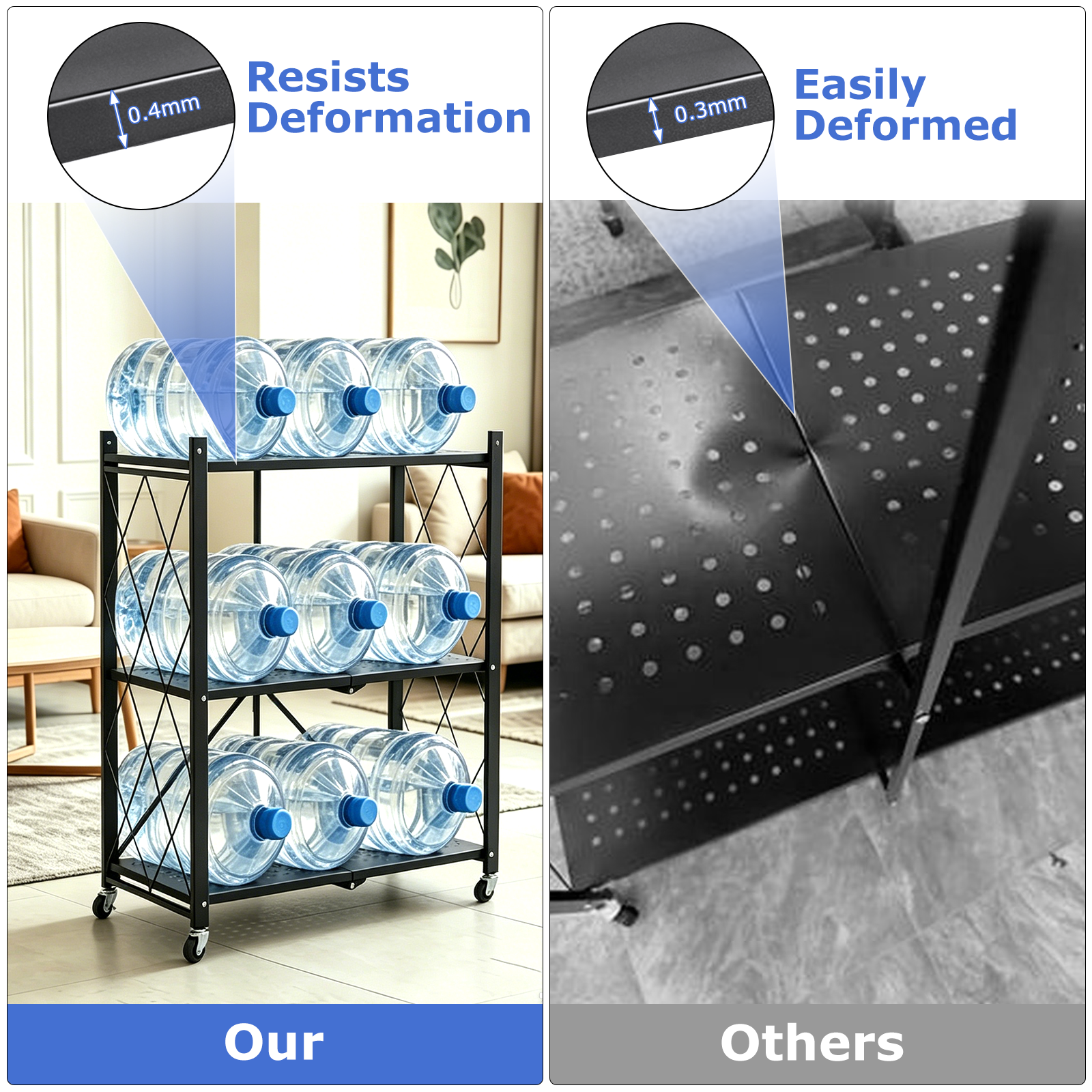 TAIMASI 3-Tier Foldable Metal Shelf with Wheels, Black photo 5
