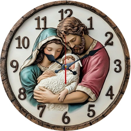 Hoease 10 Inch Silent Wall Clock, Holy Family 3D Embossed Decorative Wall Clock, Battery Operated Non-Ticking Round Clock for Living Room Bedroom Prayer Room Home Decor