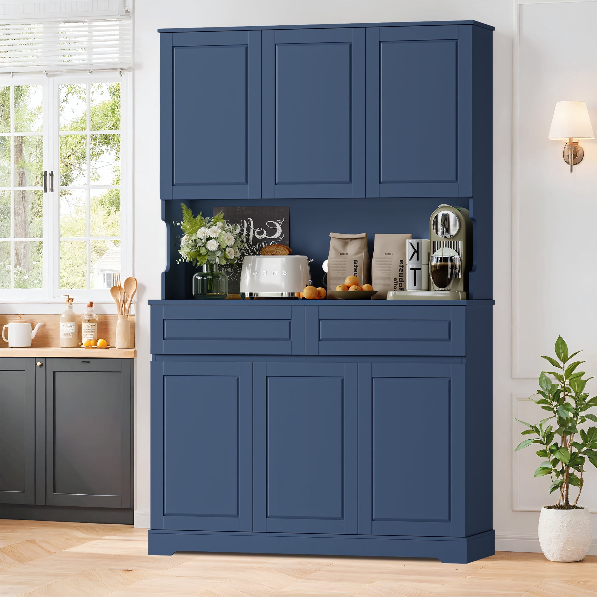 Homfa 73.8”H Pantry Cabinet with 6 Doors and 2 Drawers, Microwave Stand Storage Cabinet with Grooved Handles and Adjustable Shelf for Kitchen Dining Room, Deep Blue