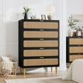 thumbnail image 4 of Senfot 5 Drawer Dresser for Bedroom, Rattan Chest of Drawers with Deep Drawers, Modern Large Double Dresser for Closet with Wide Top, Horizontal Wooden Dresser for Living Room, Hallway, Black, 4 of 7