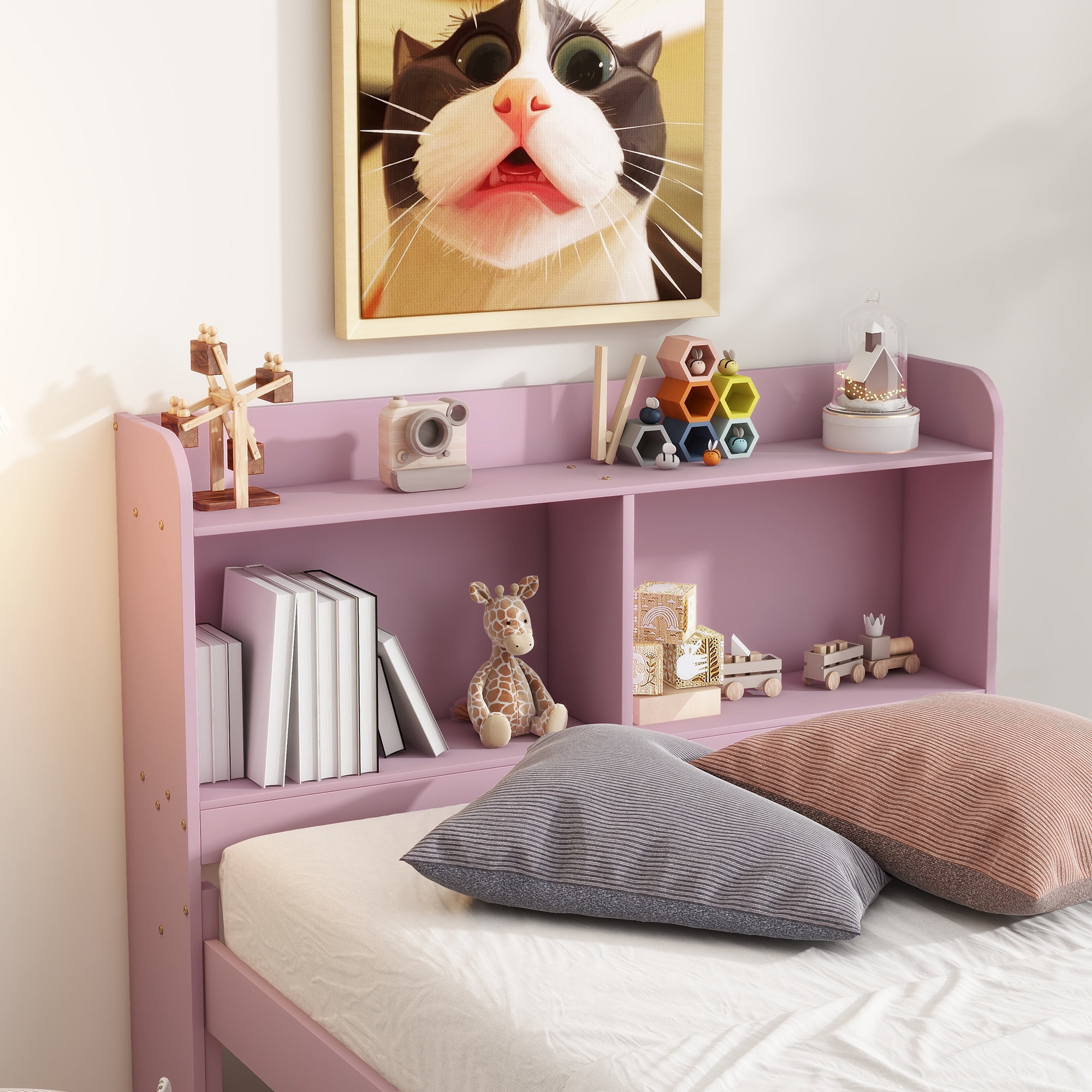 Miniyam Twin Size Bed with Trundle & Bookcase Headboard for Kids,Pink