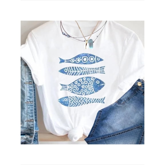 Fish Print Graphic T-Shirt for Women, Casual Cotton Short Sleeve Crew Neck