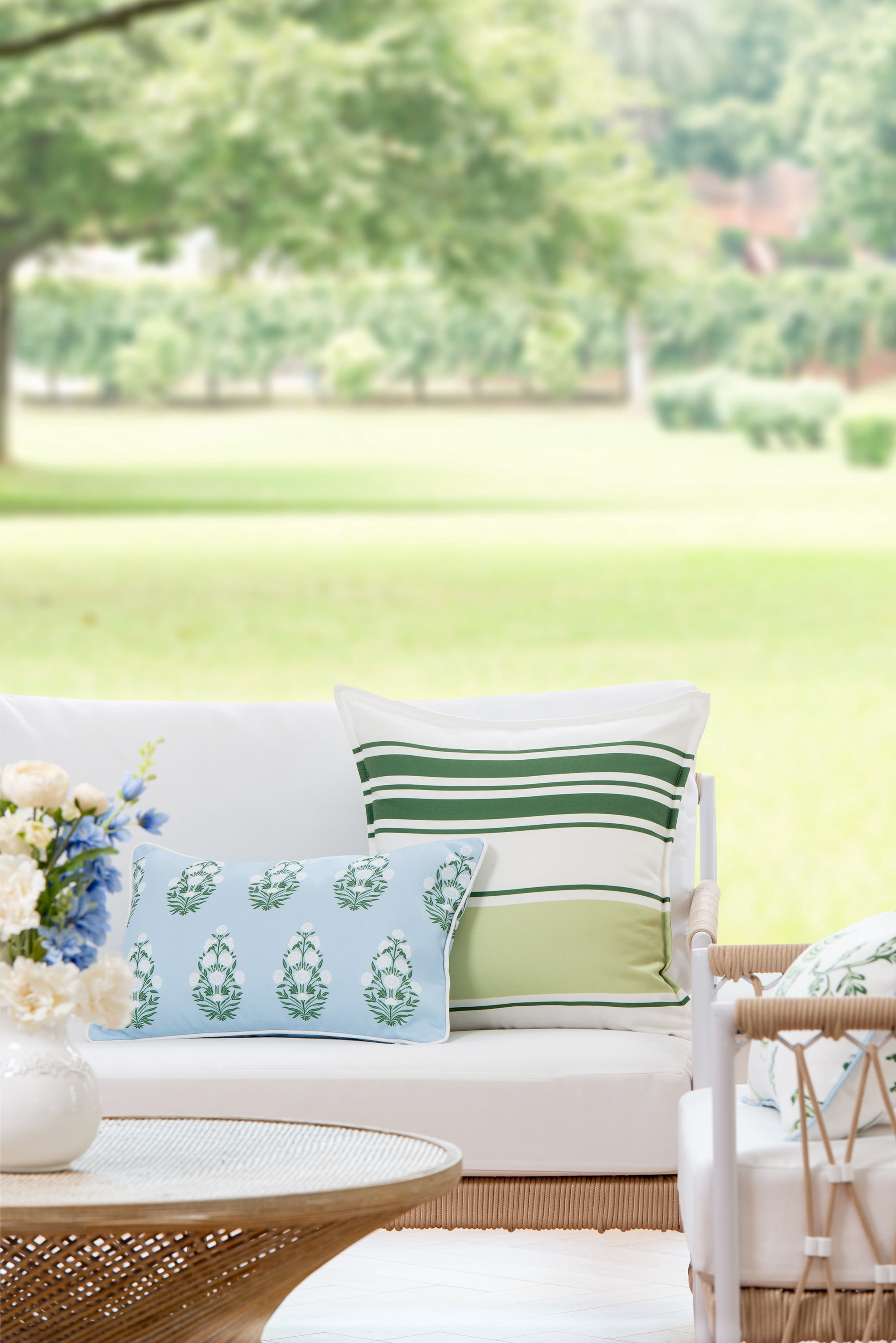 Hofdeco Premium Coastal Patio Indoor Outdoor Lumbar Pillow Cover Only, 12"x20" Water Repellent for Backyard, Couch, Baby Blue White Green Floral with Piping