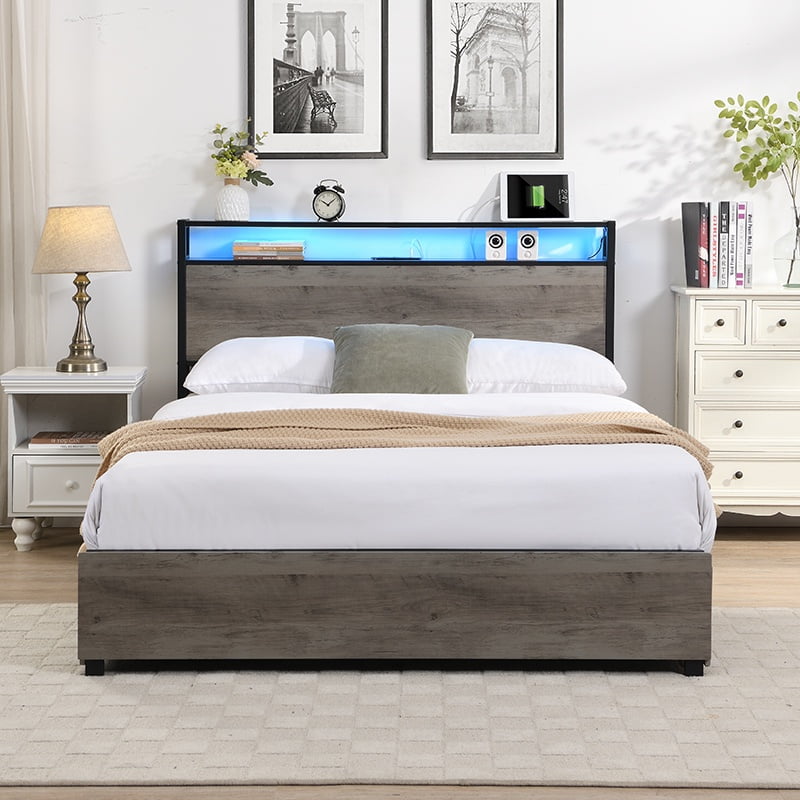 Queen Bed Frame with Headboard,4 Storage Drawers,Led Lights,Charging Station,Platform Bed,Solid and Stable, Noise Free, No Box Spring Needed, Easy Assembly