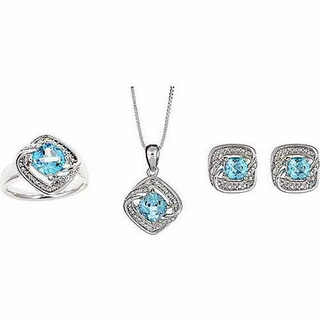 Accent Carat T.W. Round White Diamond Blue Topaz Rhodium-Plated Ring, Earrings and Pendant Set, 18, Size 7