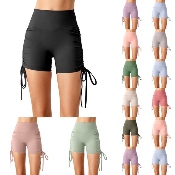 Workout Shorts Women With Pockets, High Waisted Tummy Control Yoga Shorts For Women Adjustable Side Tie Running Gym Biker Shorts