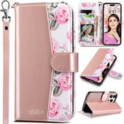ULAK Case for iPhone 15 Pro Wallet, Kickstand Folio Flip Leather Phone Case with Cards Holder for Apple iPhone 15 Pro for Women Girls,Rosa Gold Flora