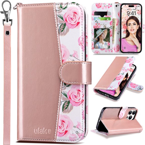 ULAK Case for iPhone 15 Pro Max Wallet, Kickstand Folio Flip Leather Phone Case with Cards Holder for Apple iPhone 15 Pro Max for Women Girls,Rosa Gold Flora