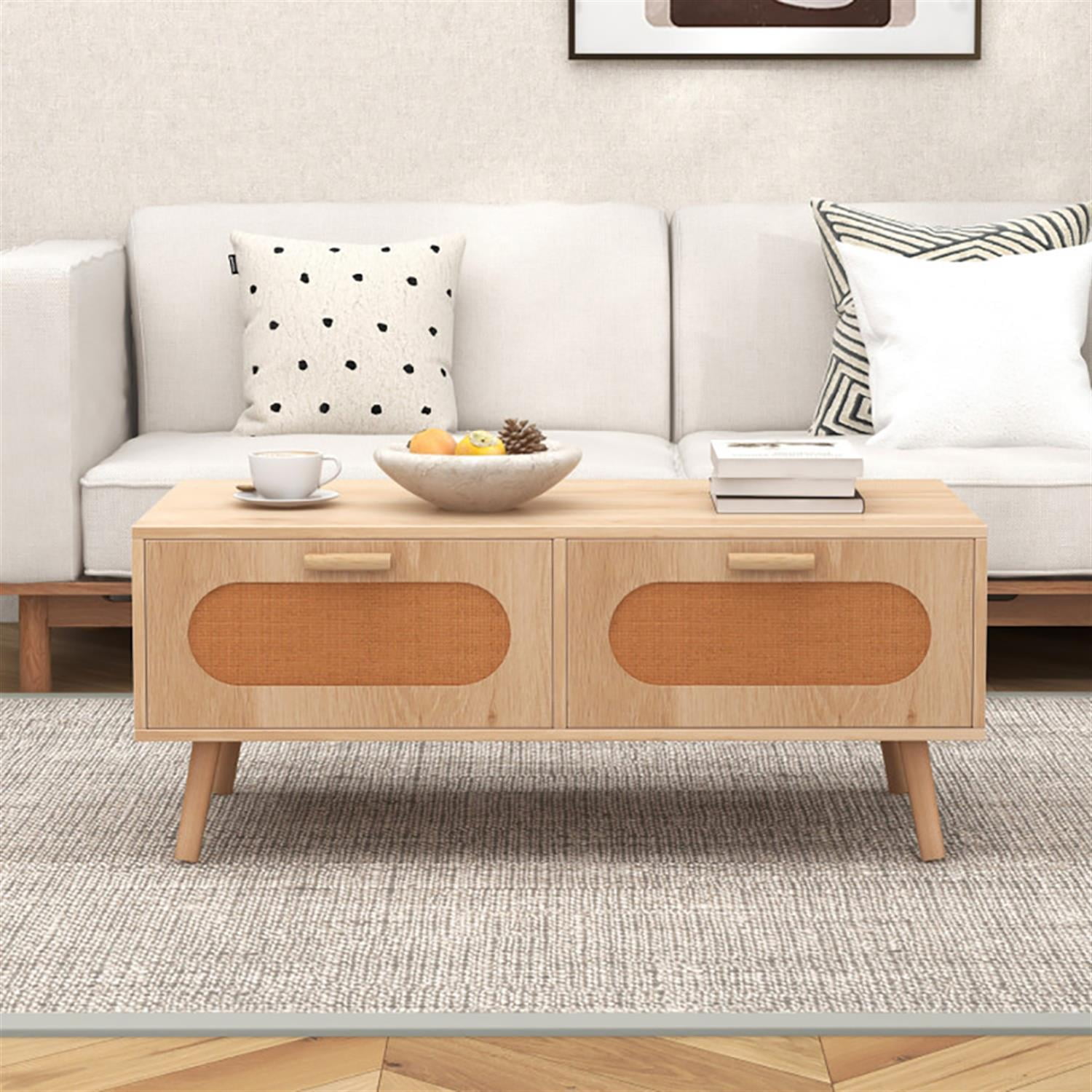 Demi Bonn Modern Rattan Coffee Table, Dining Center Tables with 2 Storage Drawers for Living Room, Bedroom, Office and Balcony, Beige