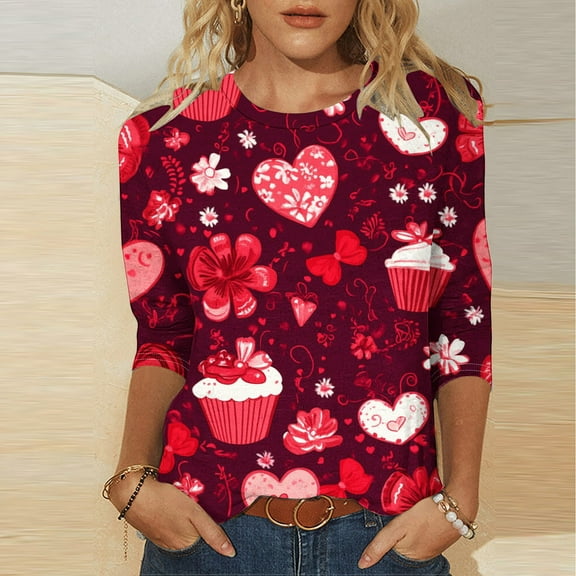 Meichang Valentines Day Tshirts for Women Funny Valentines Day Graphic Tees Casual 3/4 Sleeve Tops Loose Fit Round Neck Holiday Blouses