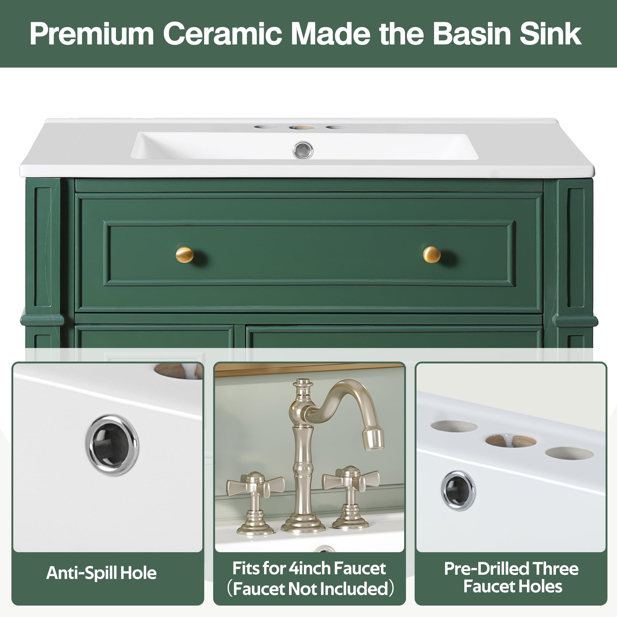 Euroco Bathroom Vanity Cabinet with Ceramic Sink Basin, 30 Inch, Storage Cabinet with Soft Close Doors and Door Organizer