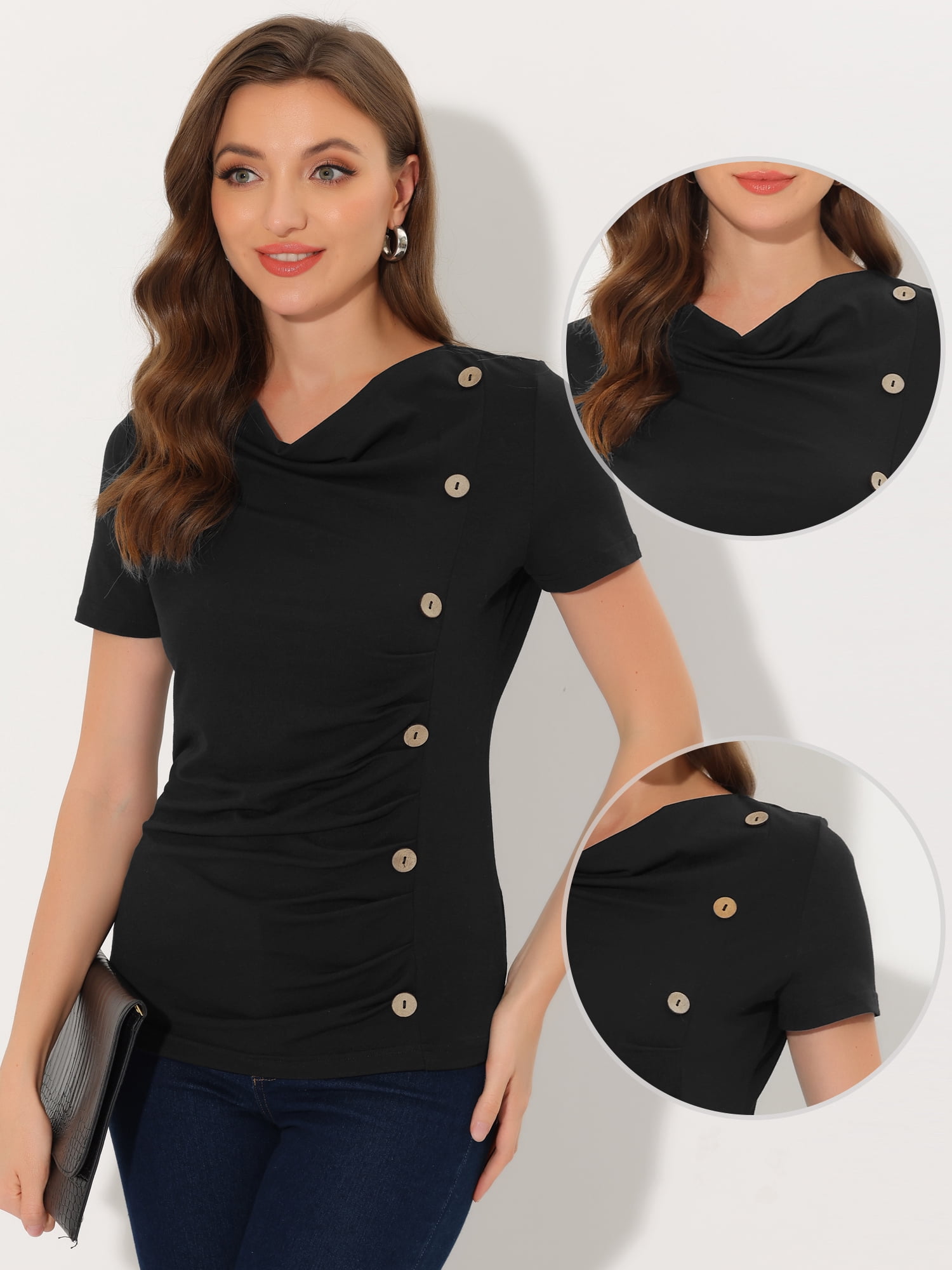 DARING DIVA Women's Cowl Neck Ruched Short Sleeve Tops with Button Decor S Black