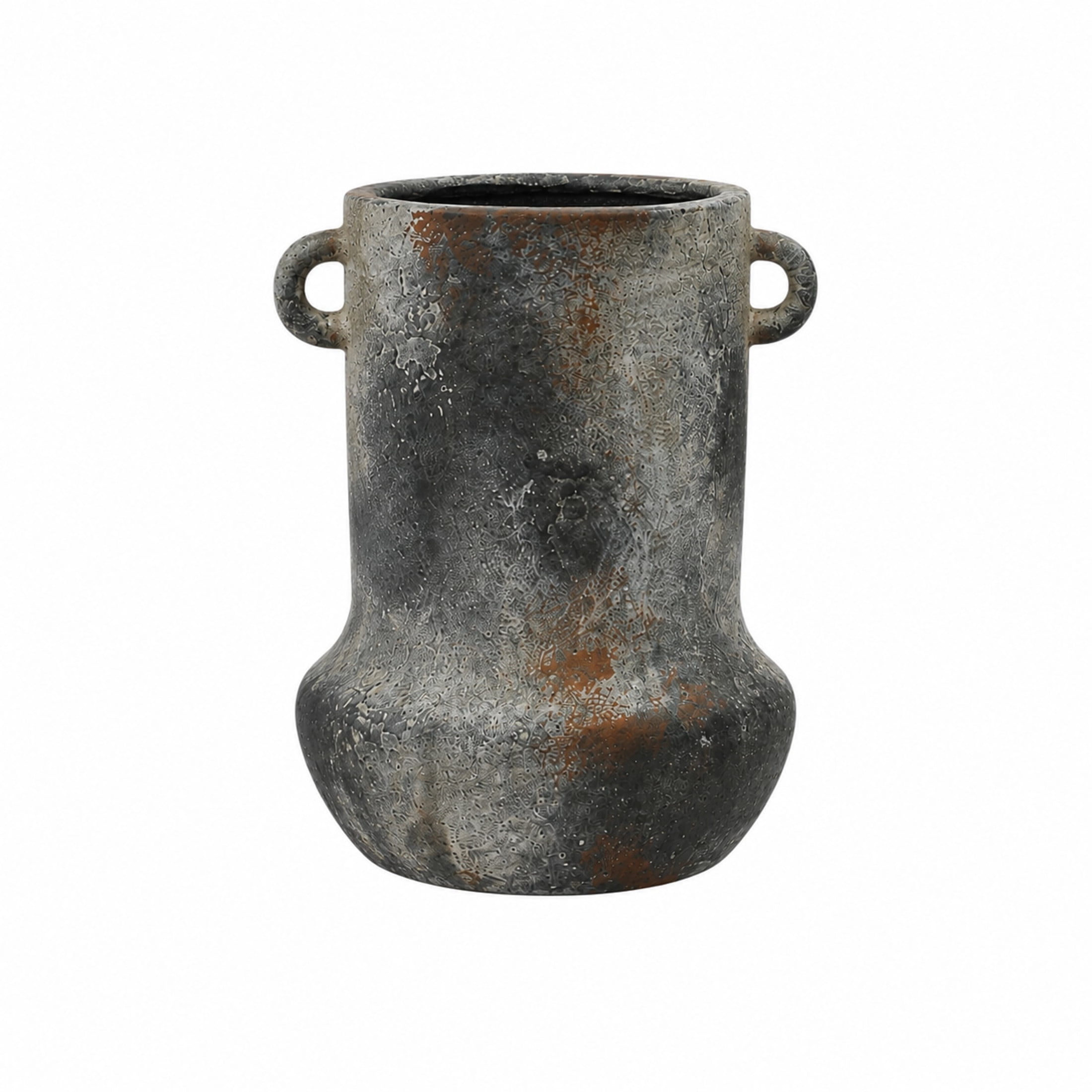 DecMode 10" Antique Style Textured Dark Gray Ceramic Vase with Brown Accents and Handles