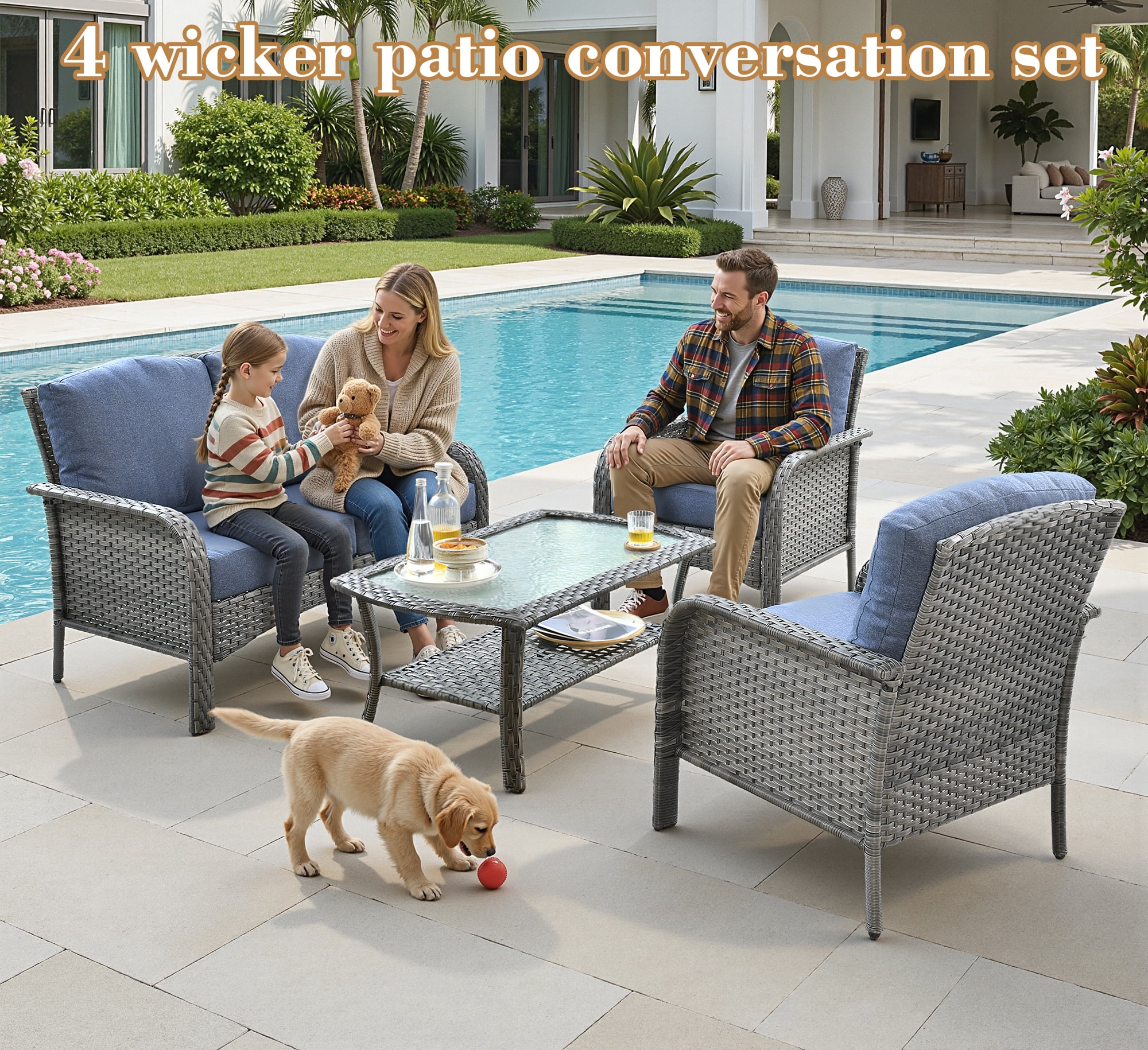 Vcatnet Patio Furniture Sets with Coffee Table 4 Pieces Sectional Sofa Rattan Wicker Outdoor Conversation Set with Loveseat Chair for Porch, Deck, Denim Blue